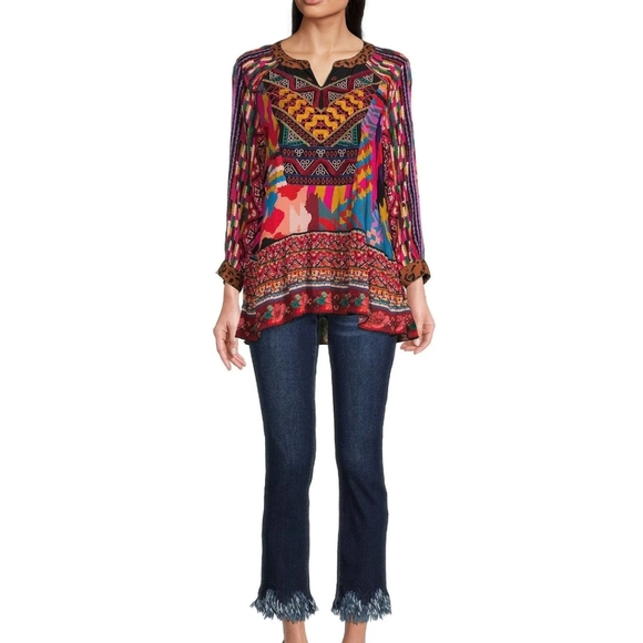 John Mark Geometric Floral Print Embroidered Front Split V-Neck Ruffle H… - Picture 3 of 3